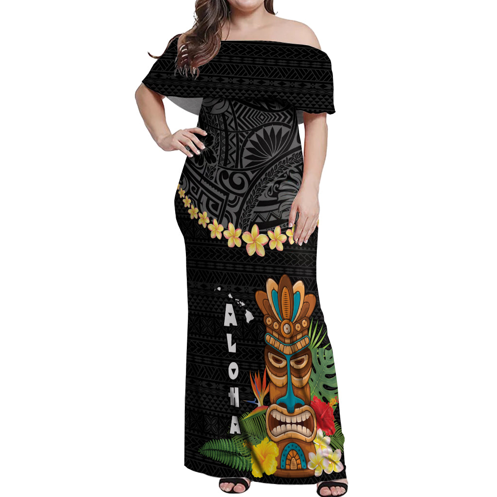 Hawaii Plumeria Lei Off Shoulder Maxi Dress Tiki and Kakau Pattern Black Color