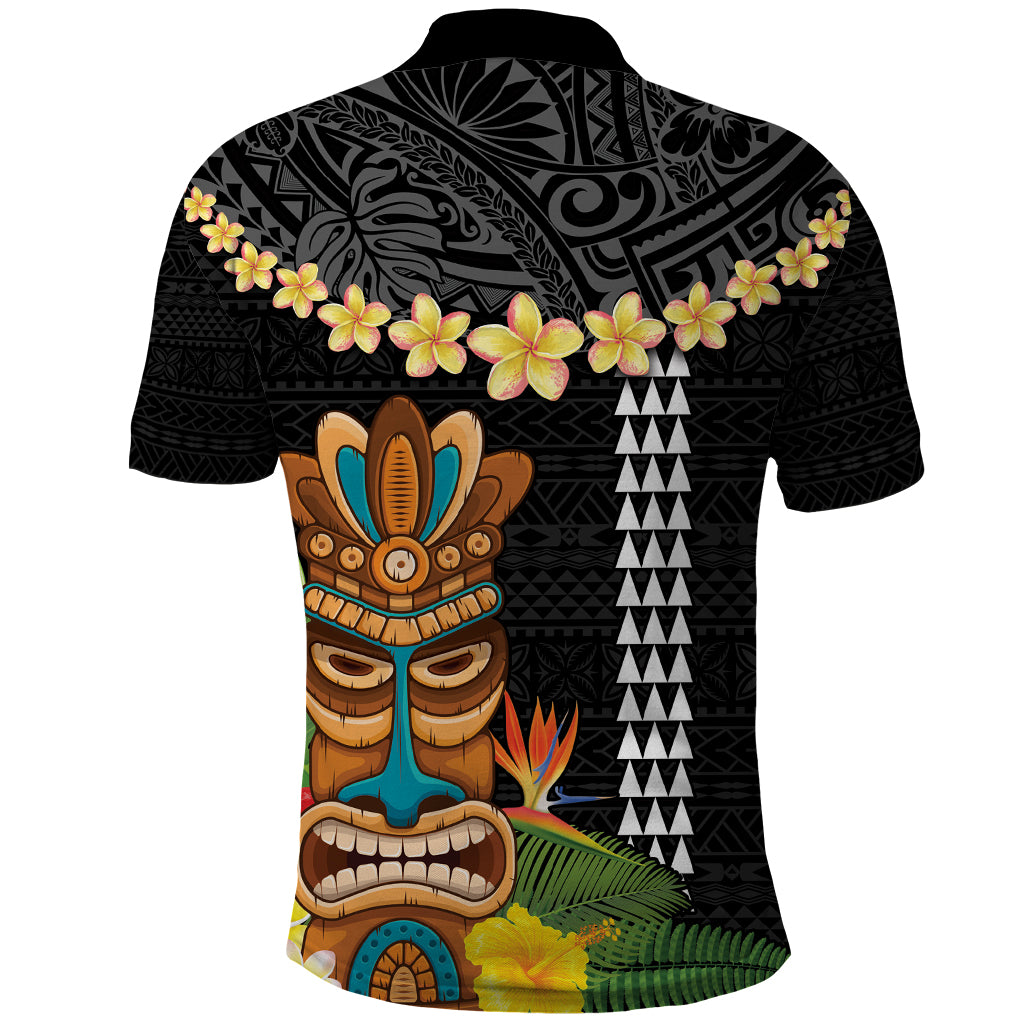 Hawaii Plumeria Lei Polo Shirt Tiki and Kakau Pattern Black Color
