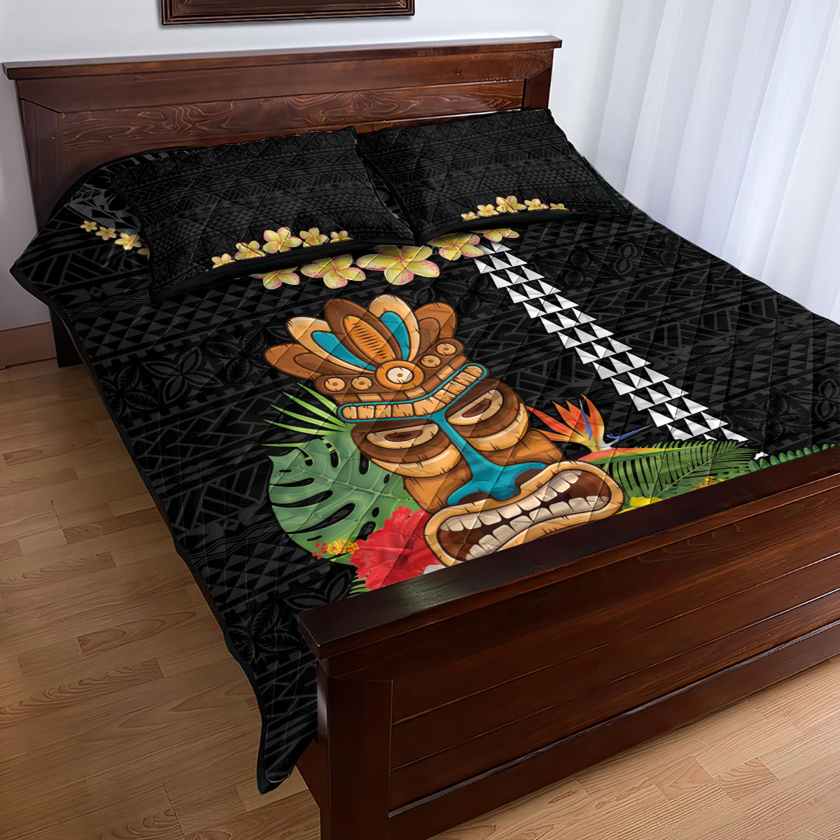 Hawaii Plumeria Lei Quilt Bed Set Tiki and Kakau Pattern Black Color