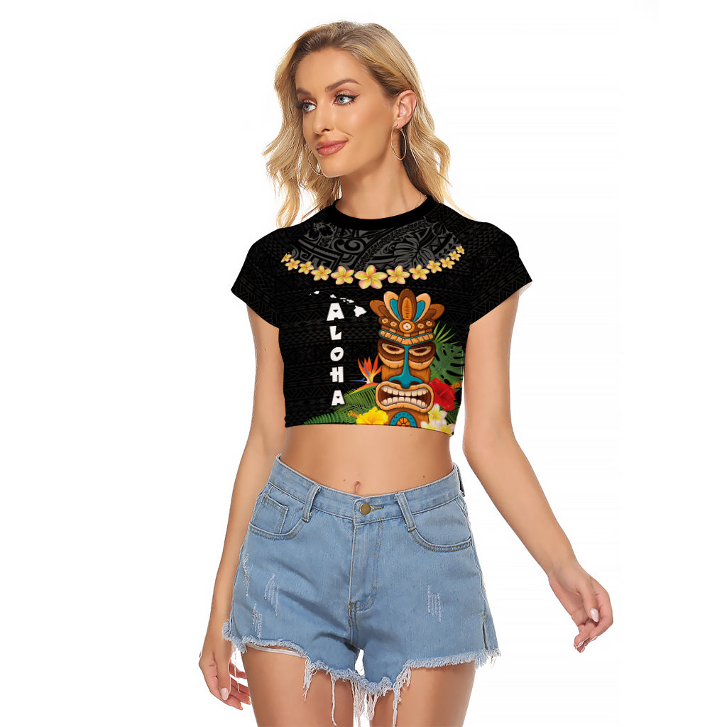 Hawaii Plumeria Lei Raglan Cropped T Shirt Tiki and Kakau Pattern Black Color