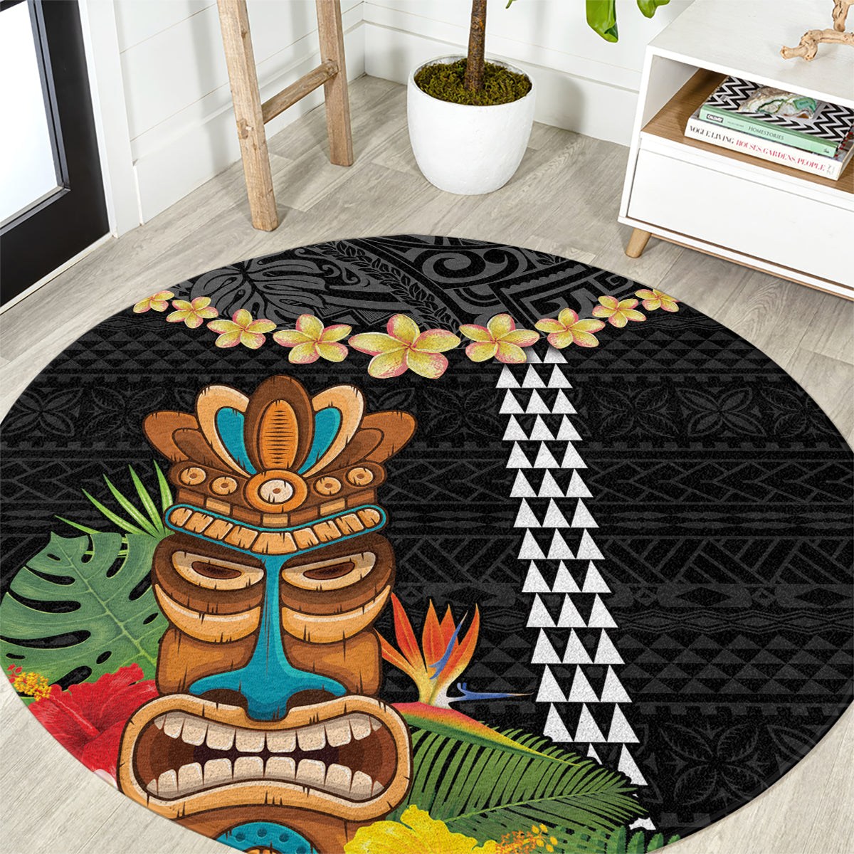 Hawaii Plumeria Lei Round Carpet Tiki and Kakau Pattern Black Color