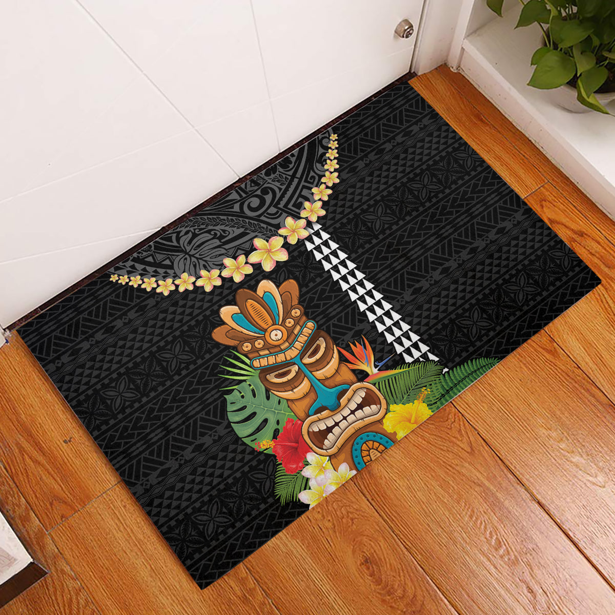 Hawaii Plumeria Lei Rubber Doormat Tiki and Kakau Pattern Black Color