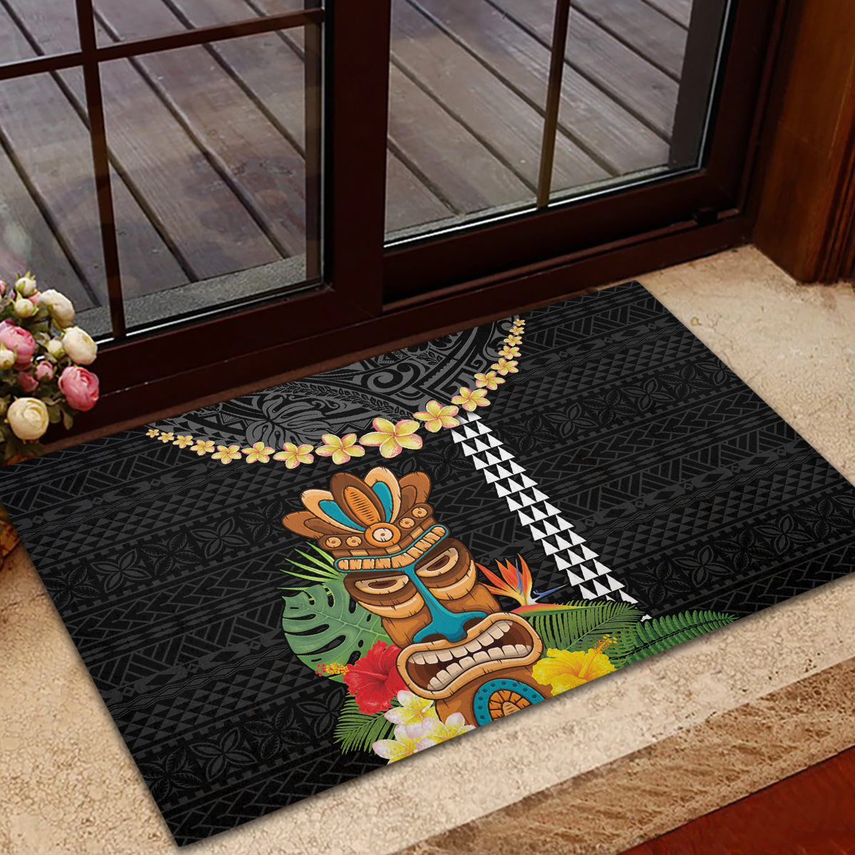 Hawaii Plumeria Lei Rubber Doormat Tiki and Kakau Pattern Black Color
