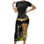 Hawaii Plumeria Lei Short Sleeve Bodycon Dress Tiki and Kakau Pattern Black Color