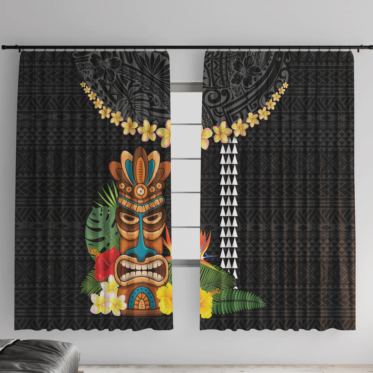 Hawaii Plumeria Lei Window Curtain Tiki and Kakau Pattern Black Color