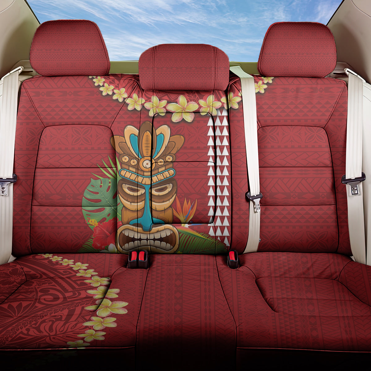 Hawaii Plumeria Lei Back Car Seat Cover Tiki and Kakau Pattern Red Color