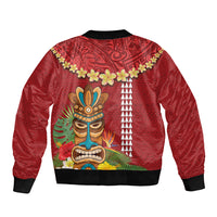 Hawaii Plumeria Lei Bomber Jacket Tiki and Kakau Pattern Red Color
