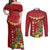 Hawaii Plumeria Lei Couples Matching Off Shoulder Maxi Dress and Long Sleeve Button Shirt Tiki and Kakau Pattern Red Color