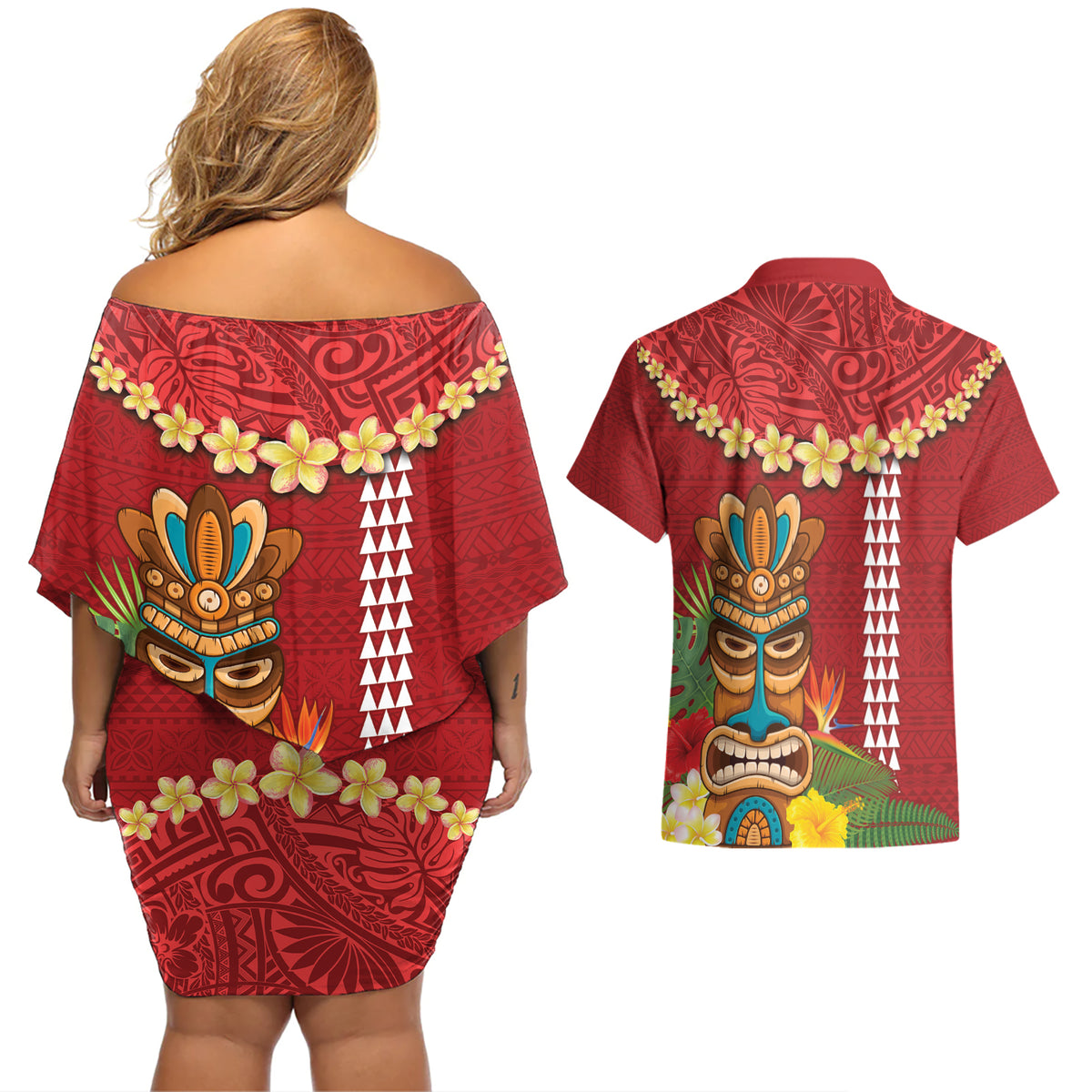 Hawaii Plumeria Lei Couples Matching Off Shoulder Short Dress and Hawaiian Shirt Tiki and Kakau Pattern Red Color