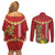 Hawaii Plumeria Lei Couples Matching Off Shoulder Short Dress and Long Sleeve Button Shirt Tiki and Kakau Pattern Red Color