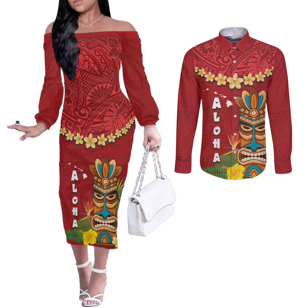 Hawaii Plumeria Lei Couples Matching Off The Shoulder Long Sleeve Dress and Long Sleeve Button Shirt Tiki and Kakau Pattern Red Color