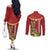 Hawaii Plumeria Lei Couples Matching Off The Shoulder Long Sleeve Dress and Long Sleeve Button Shirt Tiki and Kakau Pattern Red Color