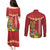 Hawaii Plumeria Lei Couples Matching Puletasi and Long Sleeve Button Shirt Tiki and Kakau Pattern Red Color