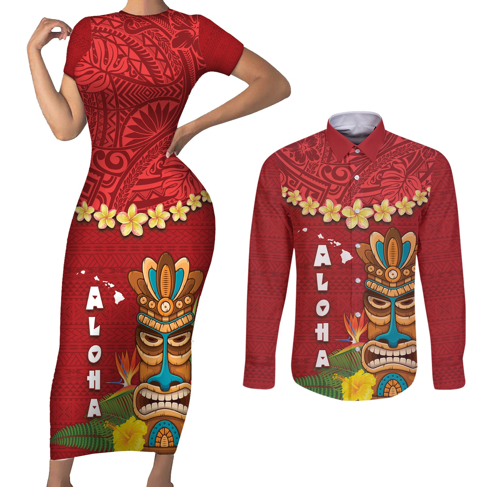 Hawaii Plumeria Lei Couples Matching Short Sleeve Bodycon Dress and Long Sleeve Button Shirt Tiki and Kakau Pattern Red Color
