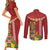Hawaii Plumeria Lei Couples Matching Short Sleeve Bodycon Dress and Long Sleeve Button Shirt Tiki and Kakau Pattern Red Color