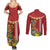 Hawaii Plumeria Lei Couples Matching Summer Maxi Dress and Long Sleeve Button Shirt Tiki and Kakau Pattern Red Color