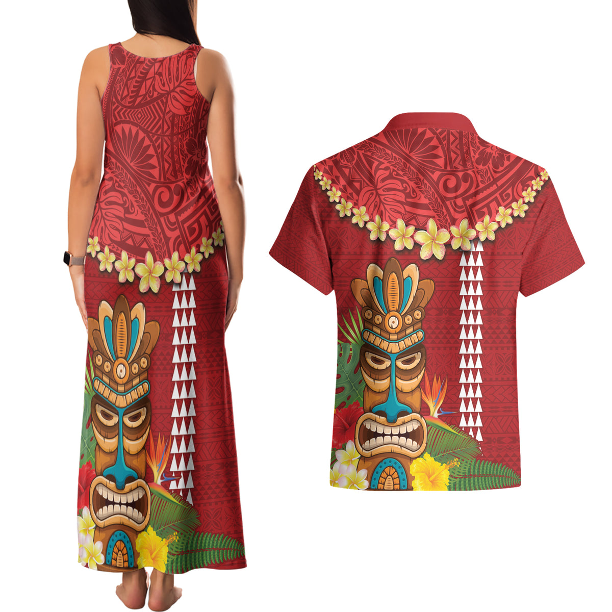 Hawaii Plumeria Lei Couples Matching Tank Maxi Dress and Hawaiian Shirt Tiki and Kakau Pattern Red Color