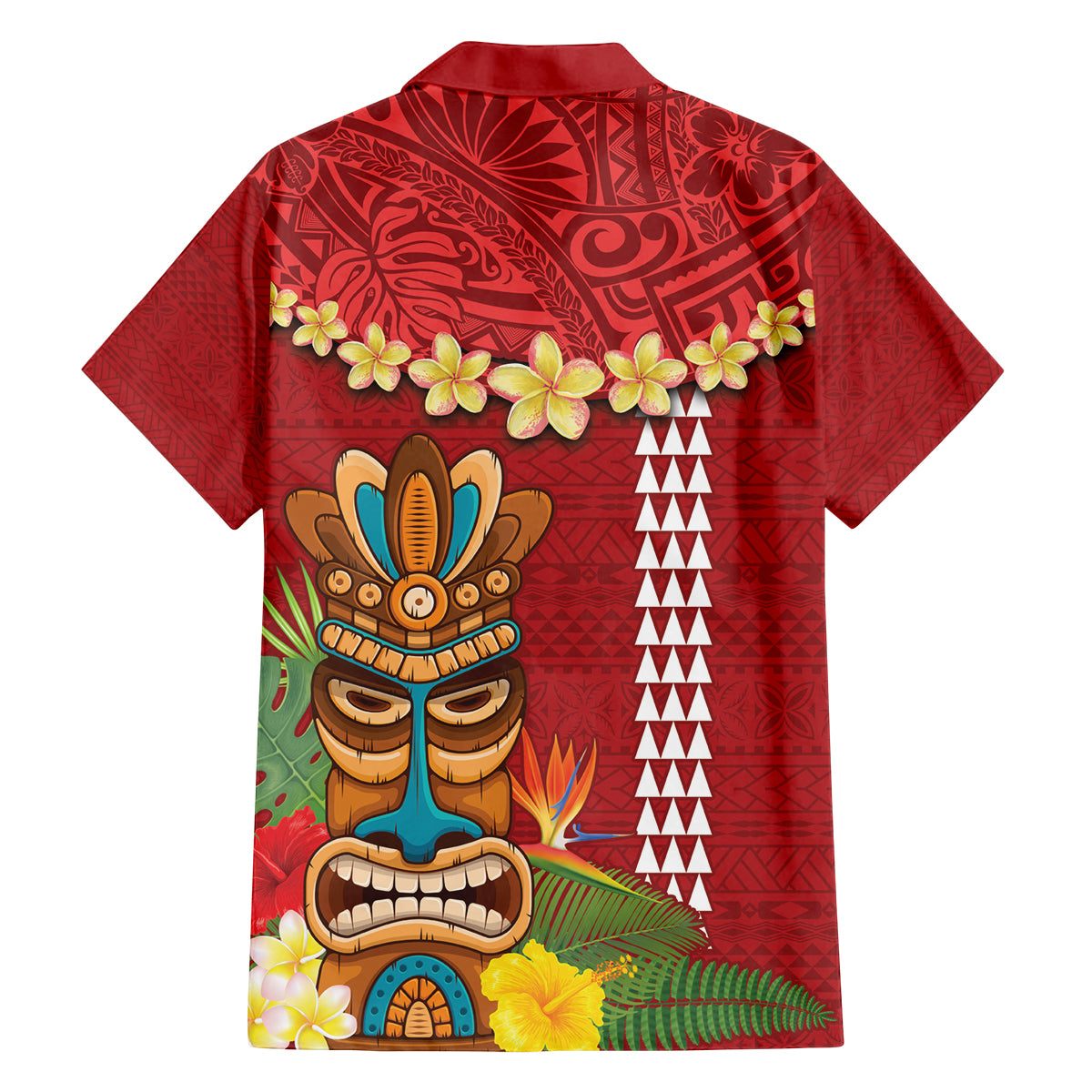 Hawaii Plumeria Lei Family Matching Off The Shoulder Long Sleeve Dress and Hawaiian Shirt Tiki and Kakau Pattern Red Color