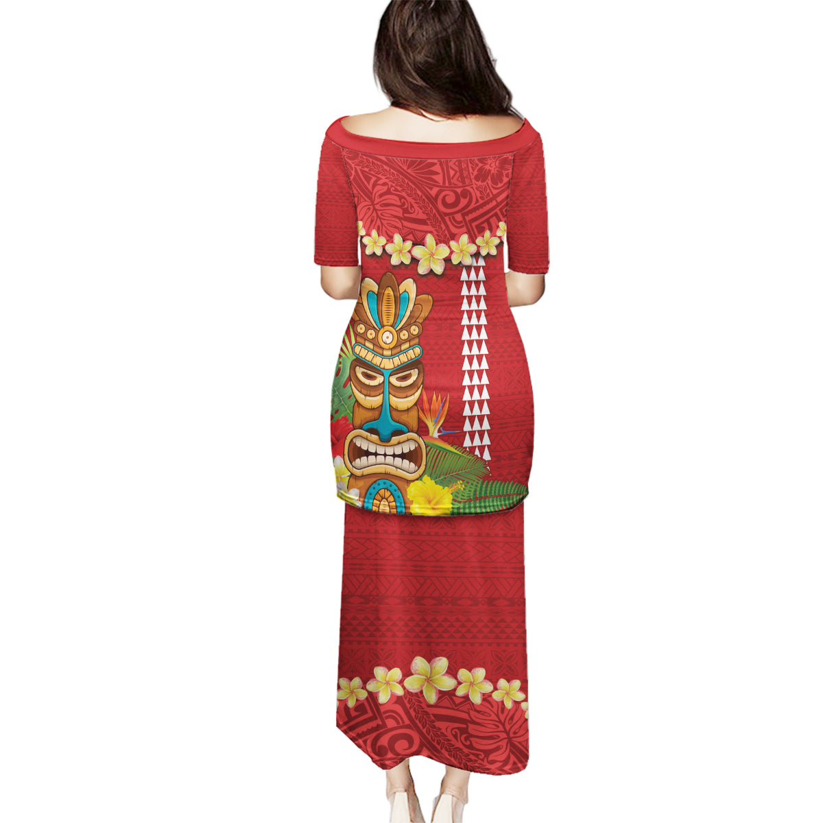 Hawaii Plumeria Lei Family Matching Puletasi and Hawaiian Shirt Tiki and Kakau Pattern Red Color