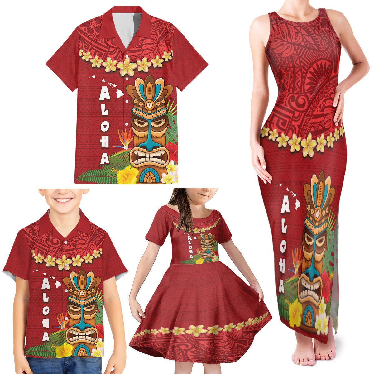 Hawaii Plumeria Lei Family Matching Tank Maxi Dress and Hawaiian Shirt Tiki and Kakau Pattern Red Color