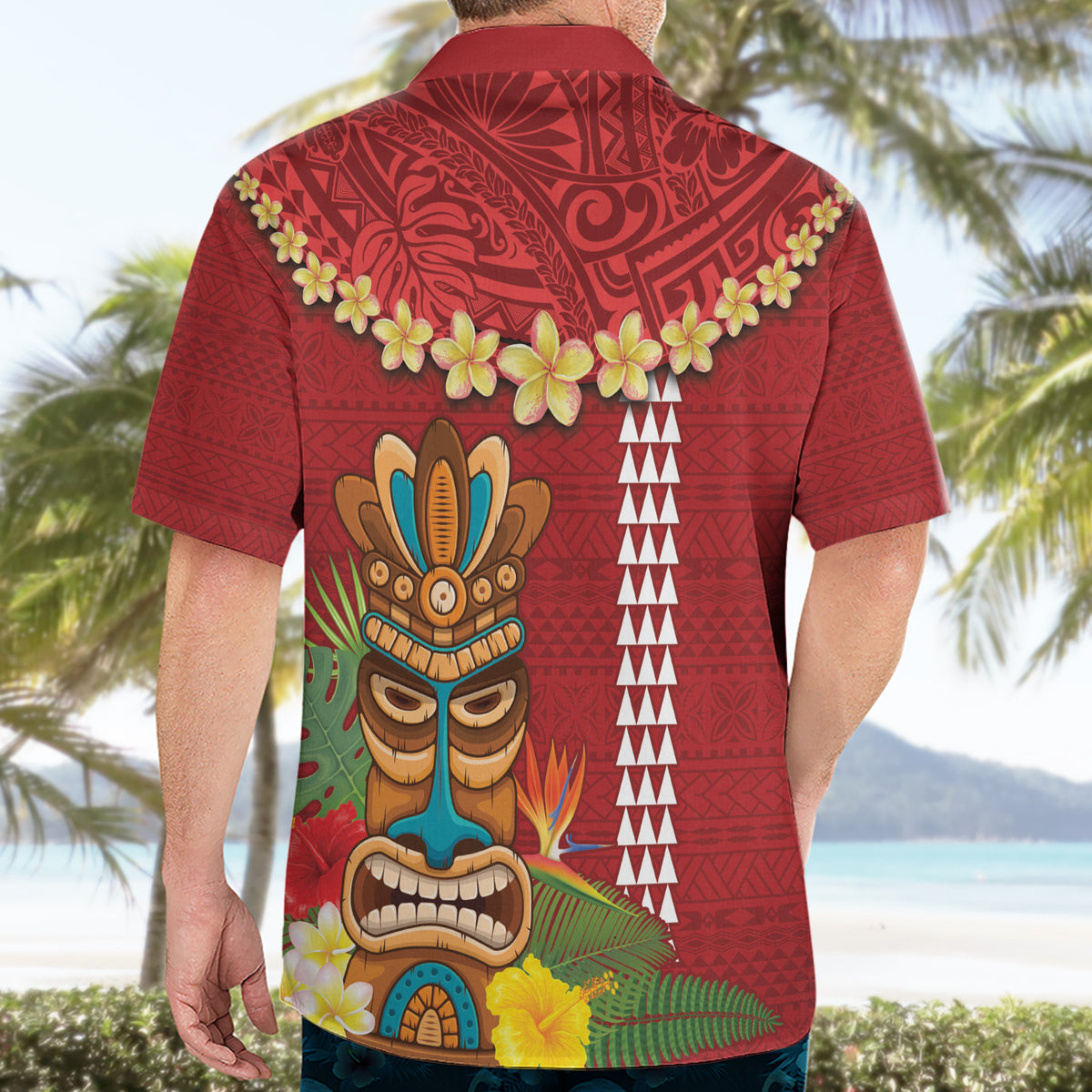 Hawaii Plumeria Lei Hawaiian Shirt Tiki and Kakau Pattern Red Color