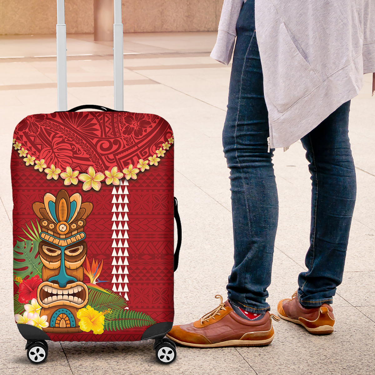 Hawaii Plumeria Lei Luggage Cover Tiki and Kakau Pattern Red Color