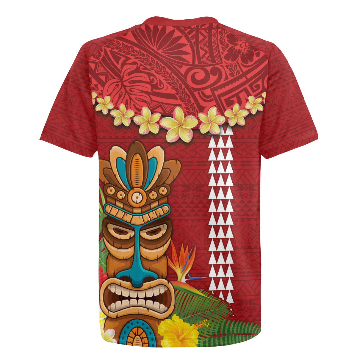 Hawaii Plumeria Lei Rugby Jersey Tiki and Kakau Pattern Red Color