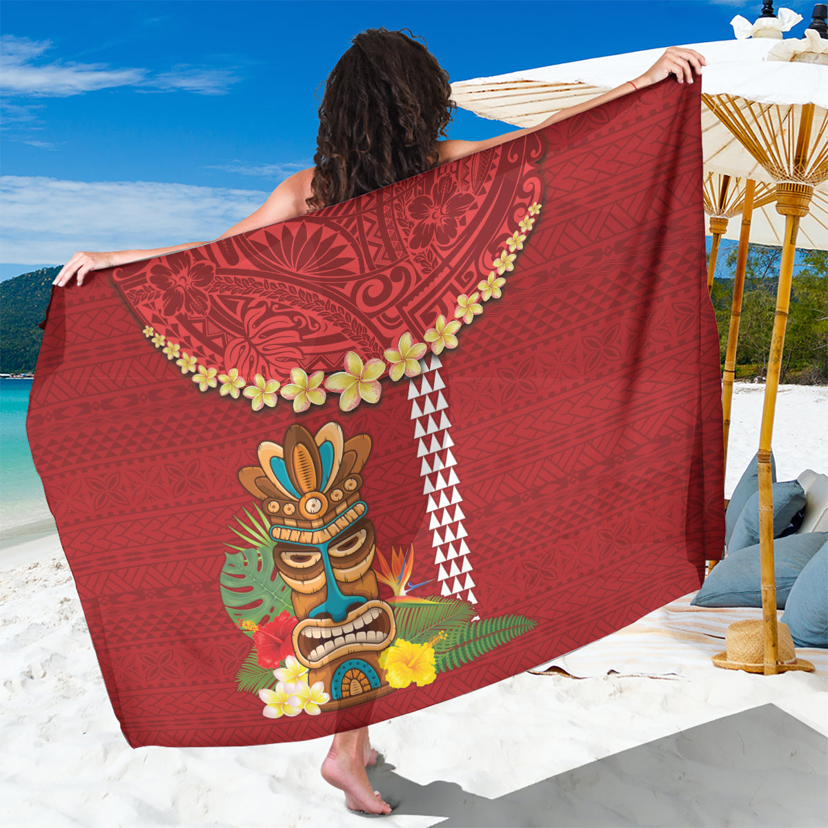 Hawaii Plumeria Lei Sarong Tiki and Kakau Pattern Red Color