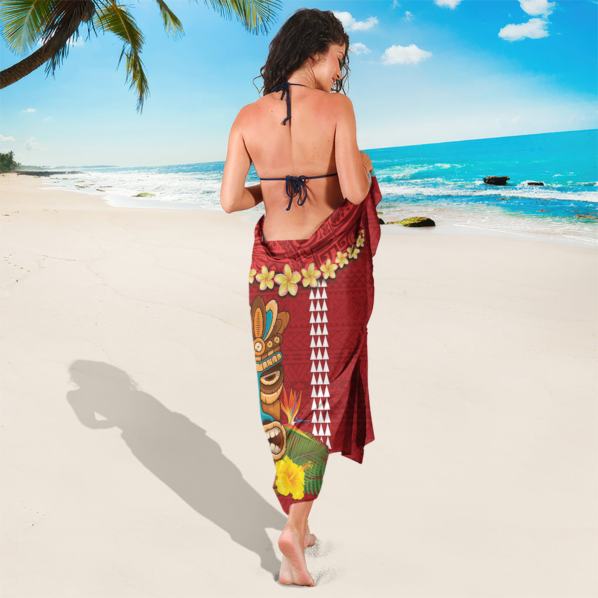 Hawaii Plumeria Lei Sarong Tiki and Kakau Pattern Red Color