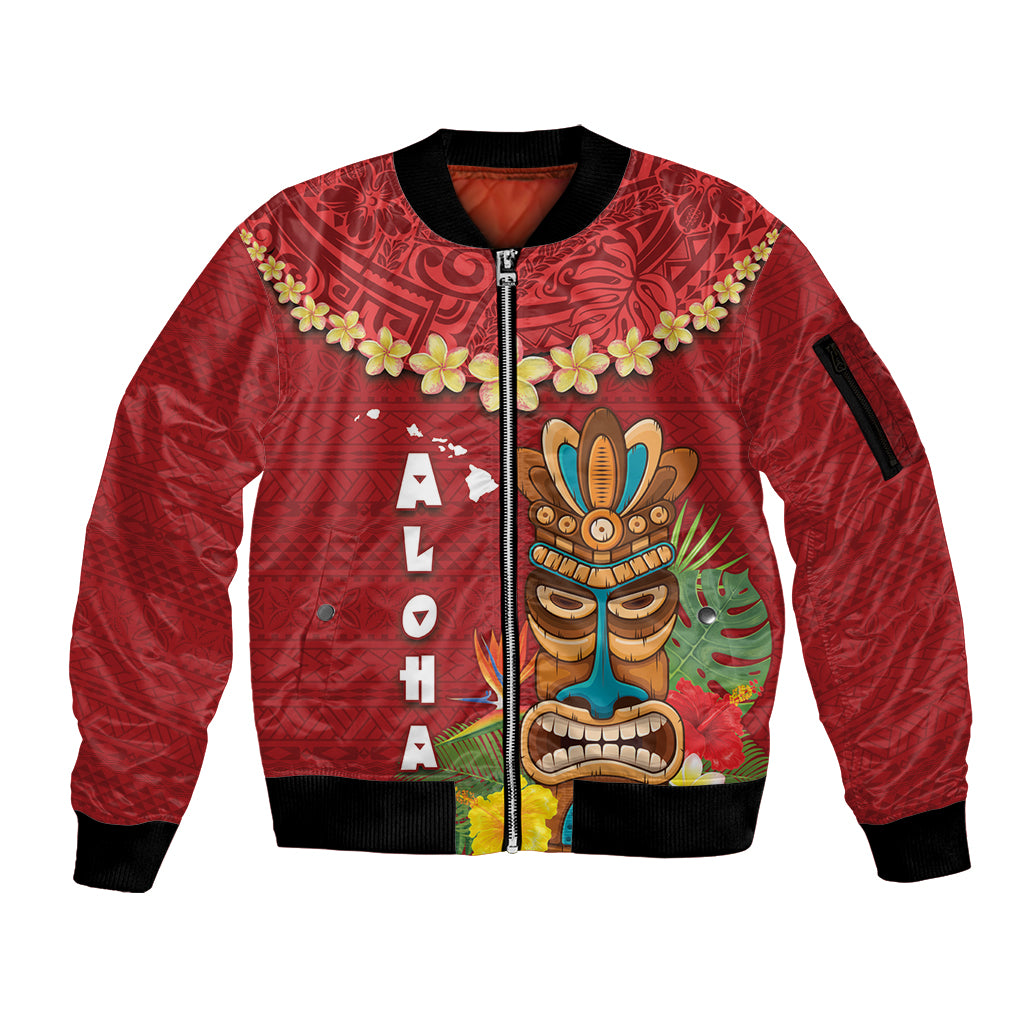 Hawaii Plumeria Lei Sleeve Zip Bomber Jacket Tiki and Kakau Pattern Red Color