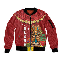 Hawaii Plumeria Lei Sleeve Zip Bomber Jacket Tiki and Kakau Pattern Red Color