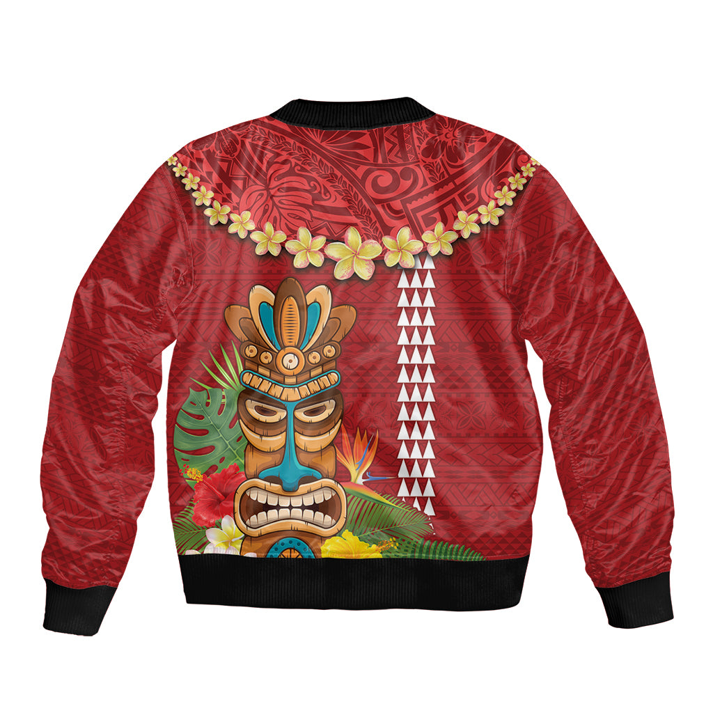 Hawaii Plumeria Lei Sleeve Zip Bomber Jacket Tiki and Kakau Pattern Red Color