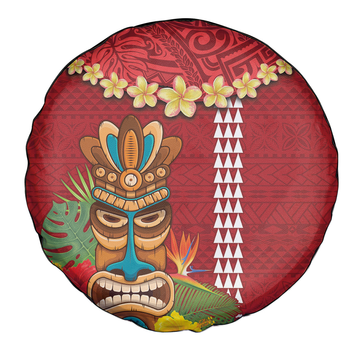 Hawaii Plumeria Lei Spare Tire Cover Tiki and Kakau Pattern Red Color
