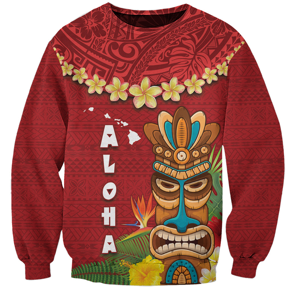 Hawaii Plumeria Lei Sweatshirt Tiki and Kakau Pattern Red Color