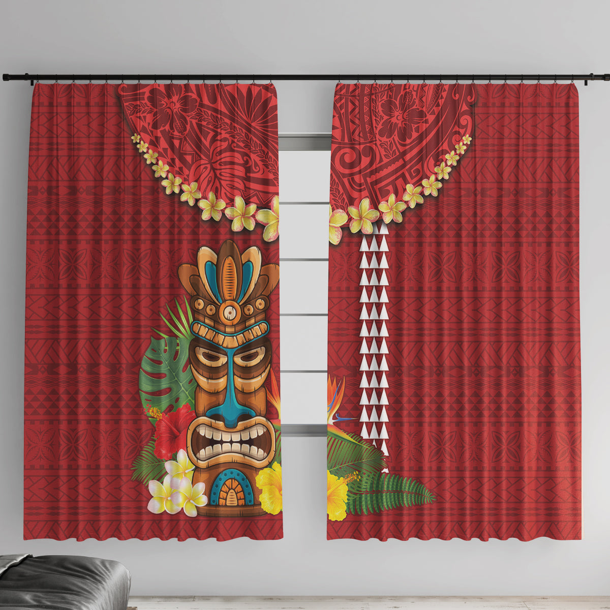 Hawaii Plumeria Lei Window Curtain Tiki and Kakau Pattern Red Color