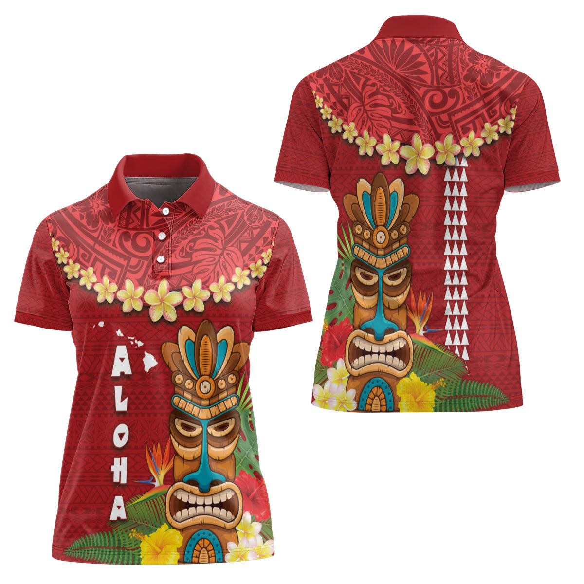 Hawaii Plumeria Lei Women Polo Shirt Tiki and Kakau Pattern Red Color