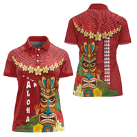 Hawaii Plumeria Lei Women Polo Shirt Tiki and Kakau Pattern Red Color