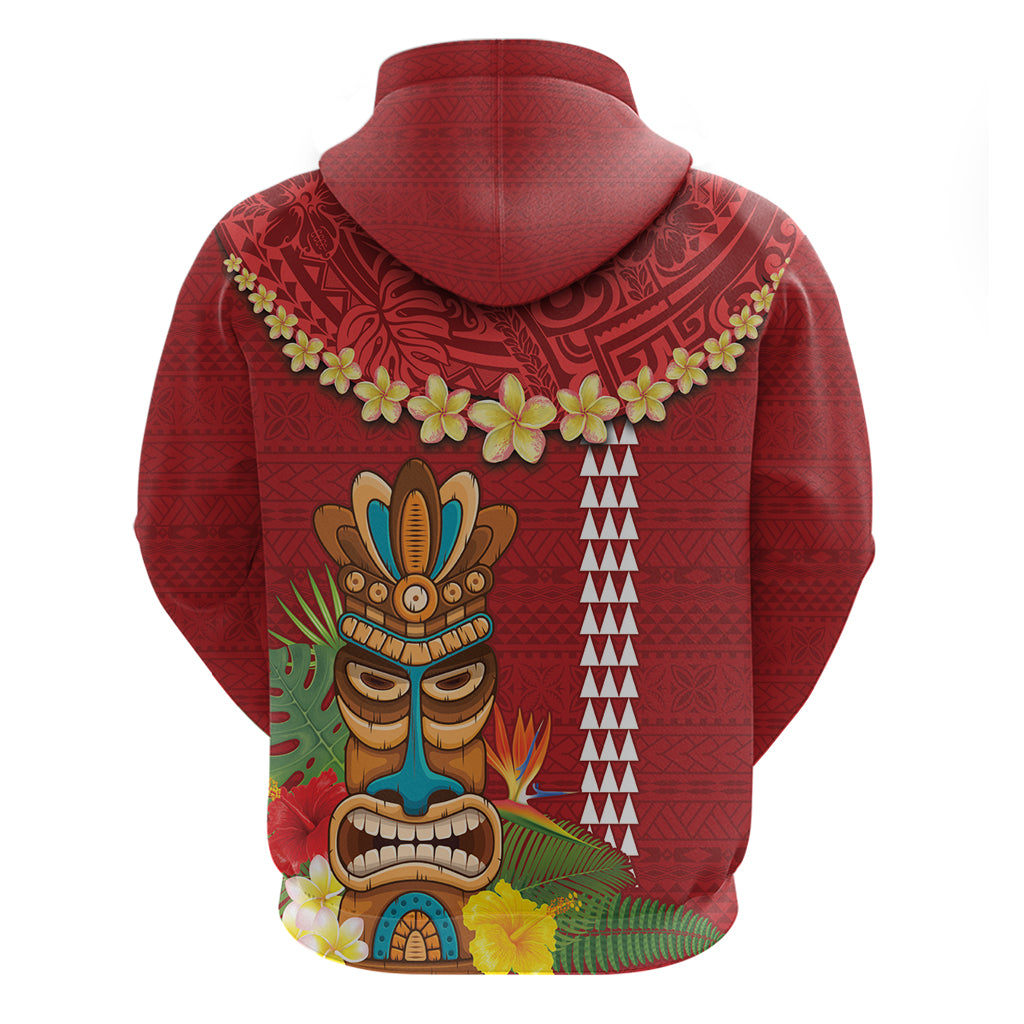 Hawaii Plumeria Lei Zip Hoodie Tiki and Kakau Pattern Red Color