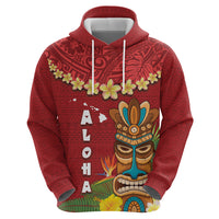 Hawaii Plumeria Lei Zip Hoodie Tiki and Kakau Pattern Red Color