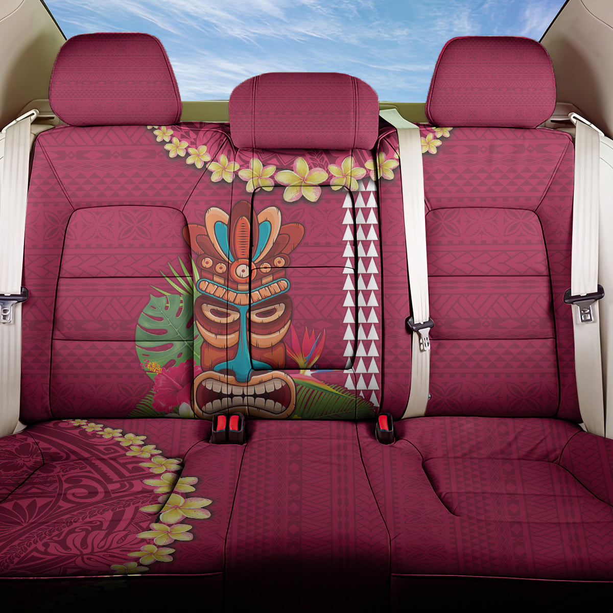 Hawaii Plumeria Lei Back Car Seat Cover Tiki and Kakau Pattern Pink Color