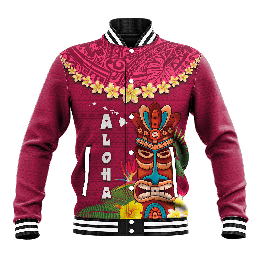 Hawaii Plumeria Lei Baseball Jacket Tiki and Kakau Pattern Pink Color