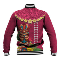 Hawaii Plumeria Lei Baseball Jacket Tiki and Kakau Pattern Pink Color