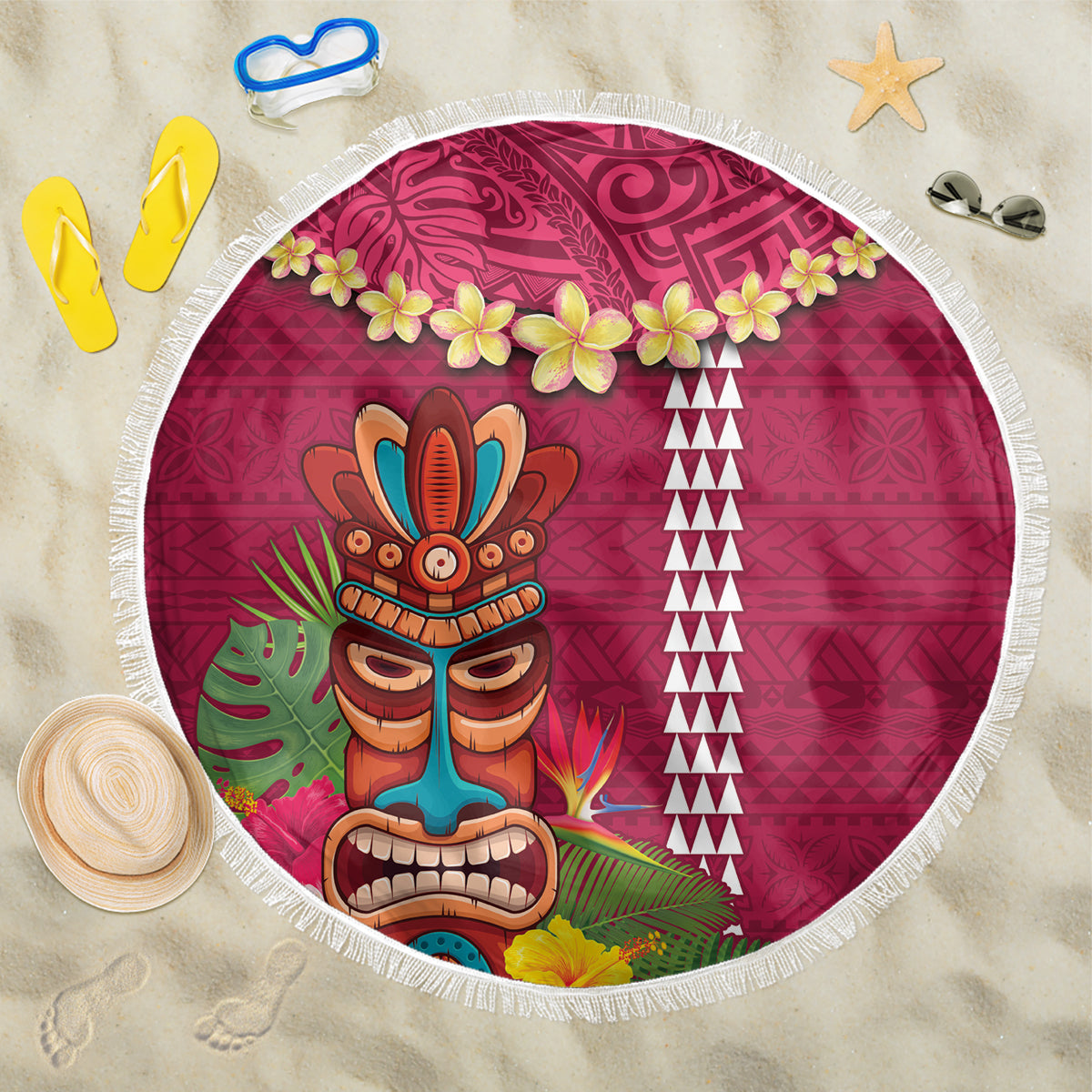 Hawaii Plumeria Lei Beach Blanket Tiki and Kakau Pattern Pink Color