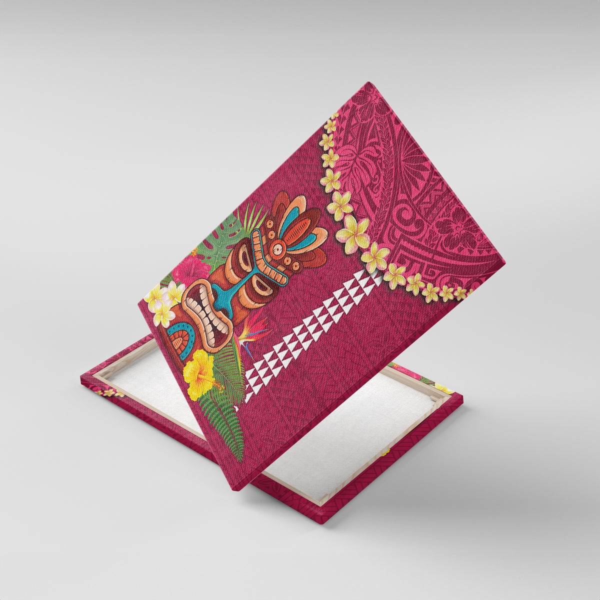 Hawaii Plumeria Lei Canvas Wall Art Tiki and Kakau Pattern Pink Color