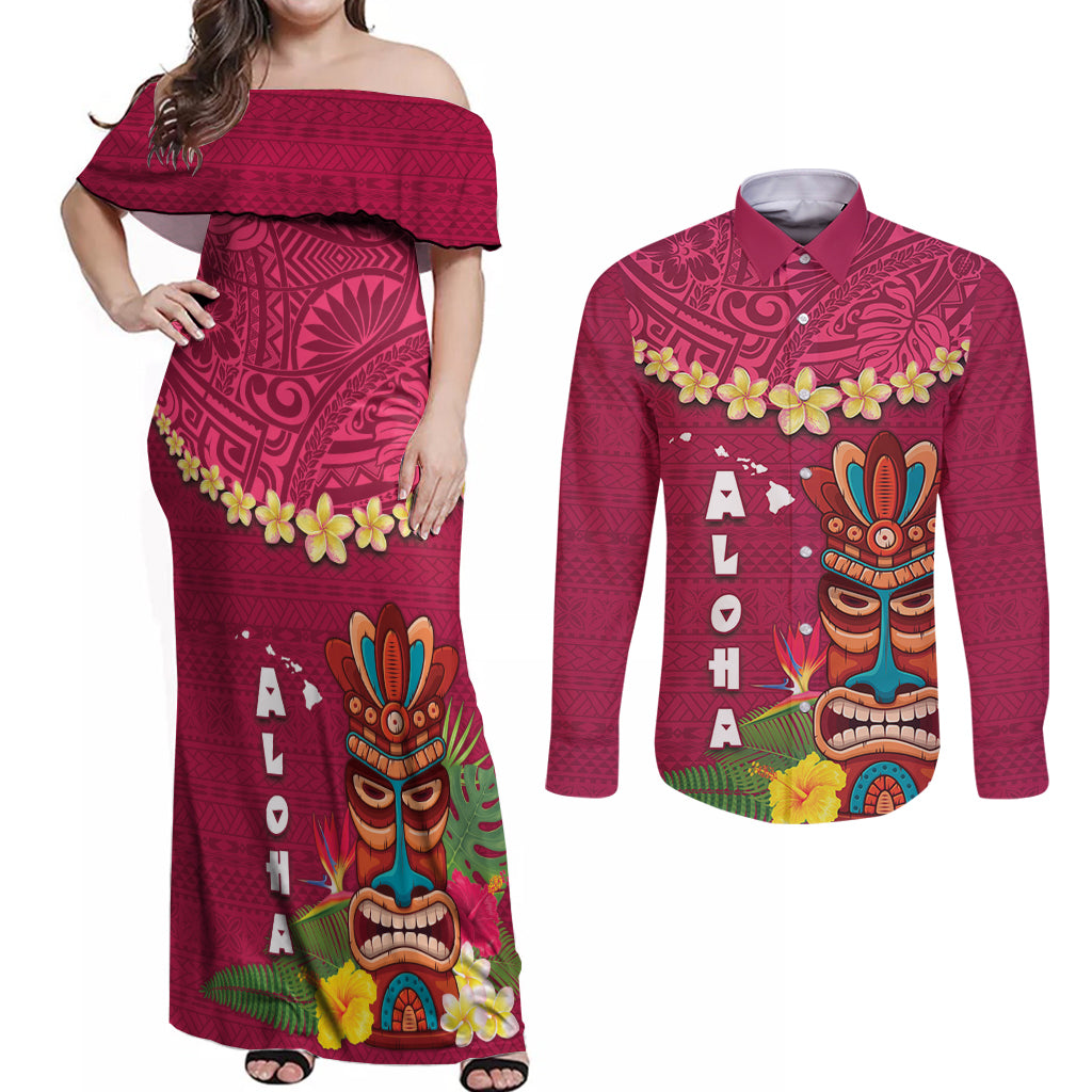 Hawaii Plumeria Lei Couples Matching Off Shoulder Maxi Dress and Long Sleeve Button Shirt Tiki and Kakau Pattern Pink Color