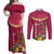 Hawaii Plumeria Lei Couples Matching Off Shoulder Maxi Dress and Long Sleeve Button Shirt Tiki and Kakau Pattern Pink Color
