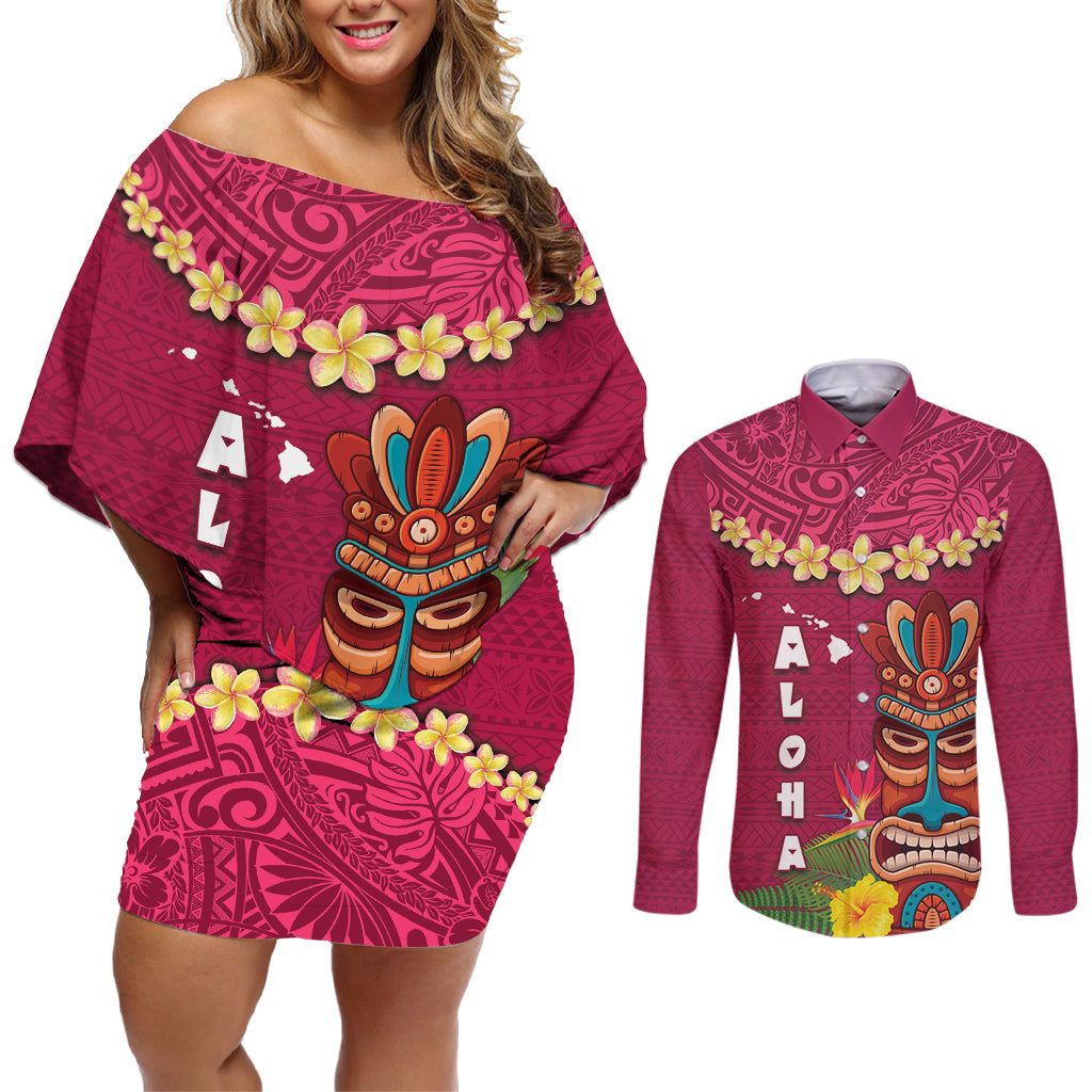 Hawaii Plumeria Lei Couples Matching Off Shoulder Short Dress and Long Sleeve Button Shirt Tiki and Kakau Pattern Pink Color