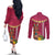 Hawaii Plumeria Lei Couples Matching Off The Shoulder Long Sleeve Dress and Long Sleeve Button Shirt Tiki and Kakau Pattern Pink Color