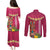 Hawaii Plumeria Lei Couples Matching Puletasi and Long Sleeve Button Shirt Tiki and Kakau Pattern Pink Color