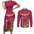 Hawaii Plumeria Lei Couples Matching Short Sleeve Bodycon Dress and Long Sleeve Button Shirt Tiki and Kakau Pattern Pink Color